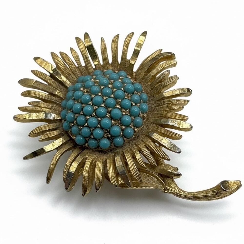 Vintage BSK Beautiful Gold Tone Flower Brooch Long Signed B.S.K.